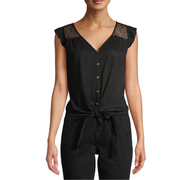 4/$32 No Boundaries📌 size large black ruffle sleeve button up lace & front knot - Picture 2 of 11